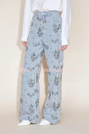 Beaded Sequin Floral Wide Leg Jeans Mid Rise with Pockets