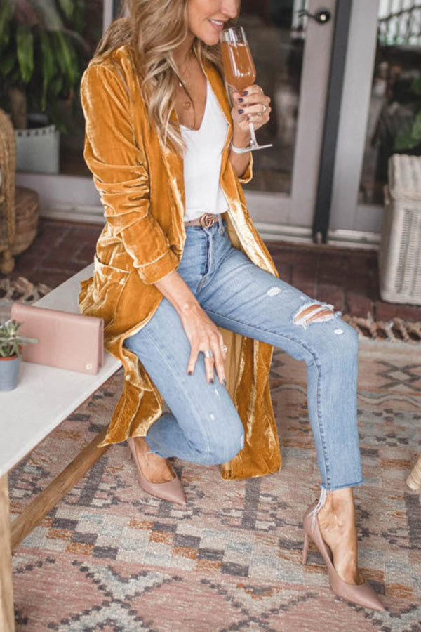 Velvet Kimono Coat – Loose Fit Calf-Length Party Jacket