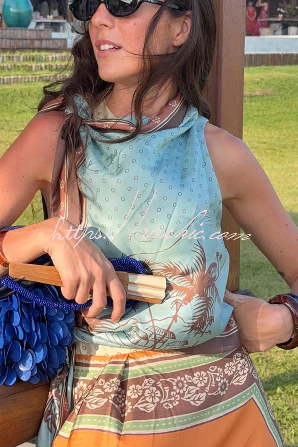 Satin Color-Block Print Tie Cowl Neck Midi Dress
