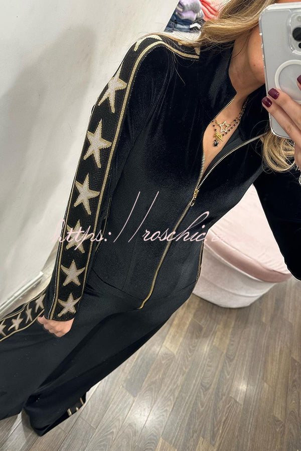 Star-Print Velvet Wide-Leg Jumpsuit with Zip Front