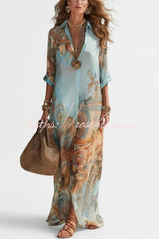 Boho Vintage Print Button-Down Maxi Shirt Dress