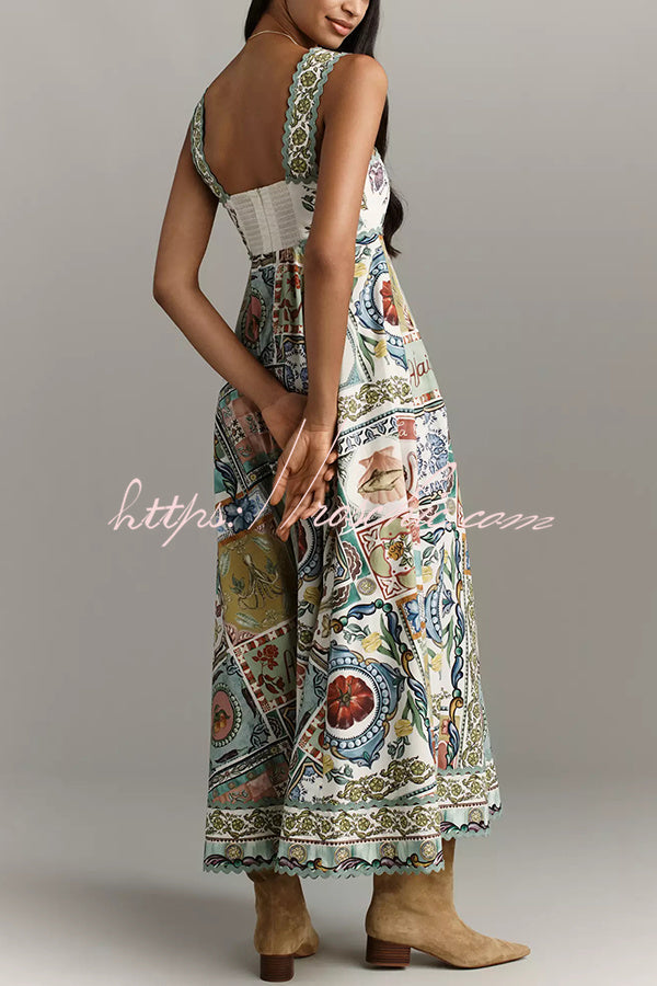 Linen Blend Smocked Maxi Dress with Scalloped Back Detail