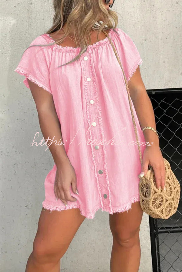 Off-Shoulder Denim Mini Dress – Loose Fit Short Sleeve