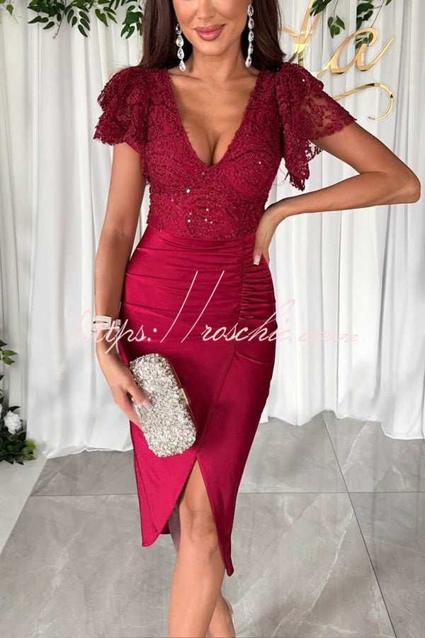Lace & Satin Patchwork Ruffle Sleeve Ruched Midi Dress