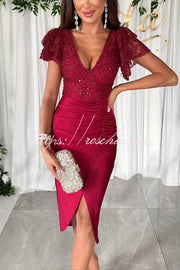 Lace & Satin Patchwork Ruffle Sleeve Ruched Midi Dress