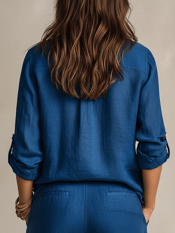 Chemise boutonnée en lin indigo – Chemisier décontracté à manches longues