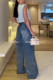 Jean droit ample taille haute en strass avec poches