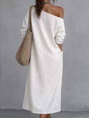 One Shoulder Cotton Linen Midi Dress with Split Hem
