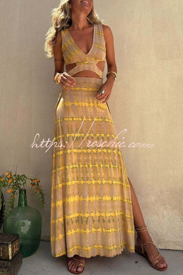 Tie-Dye Print Cutout Maxi Dress with Slit