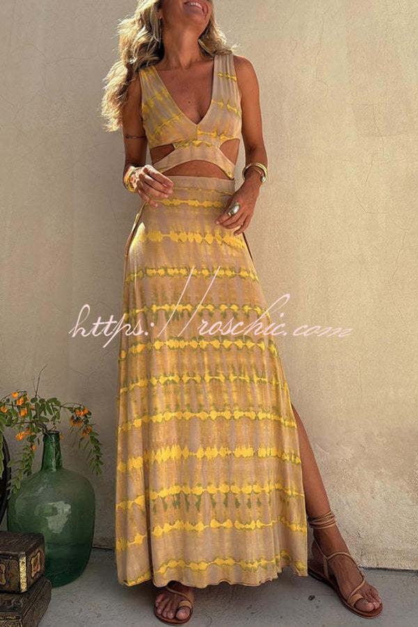 Tie-Dye Print Cutout Maxi Dress with Slit