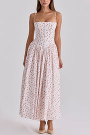 Floral Print Stretch Cotton Midi Slip Dress with Ladder Trim