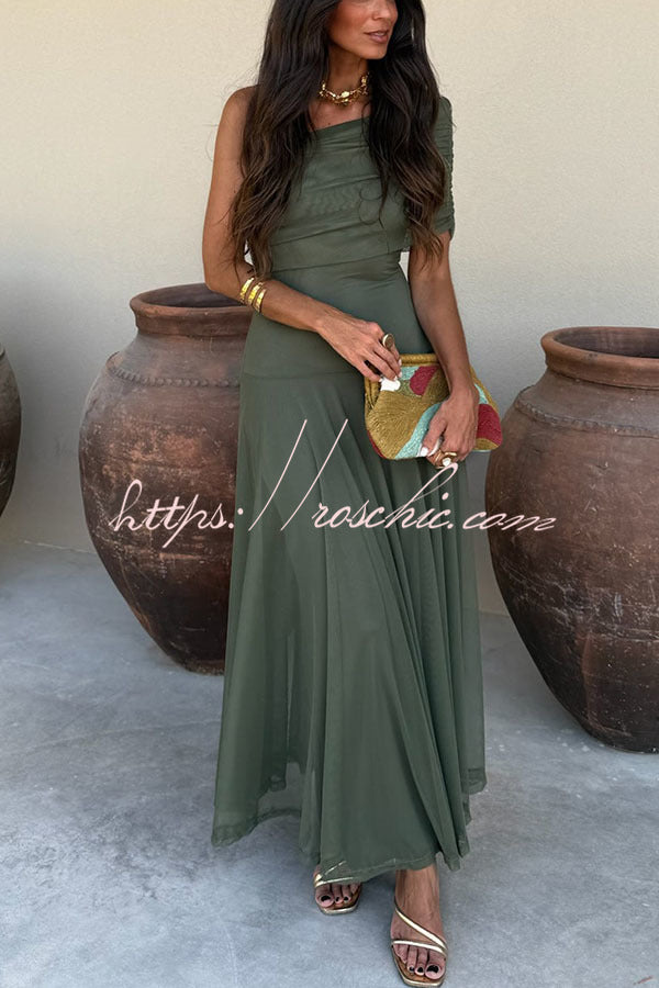 Mesh Ruched Strapless Flare Maxi Dress for Vacation & Party