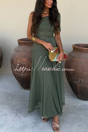 Mesh Ruched Strapless Flare Maxi Dress for Vacation & Party
