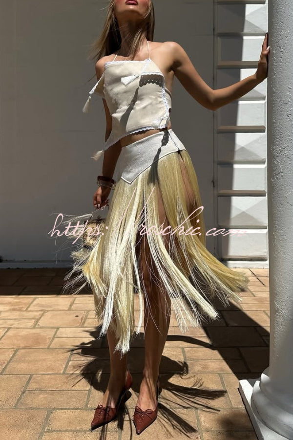 Halter Neck Lace-Up Backless Crop Top with Tassel Detail