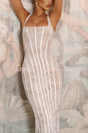 Floral Lace Square Neck Lace-Up Slit Maxi Dress