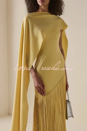 Fringed Hem Maxi Gown with Detachable Shawl Detail