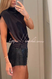 Sleeveless Stand Collar Top & Fringed Shorts Set – Vacation Wear