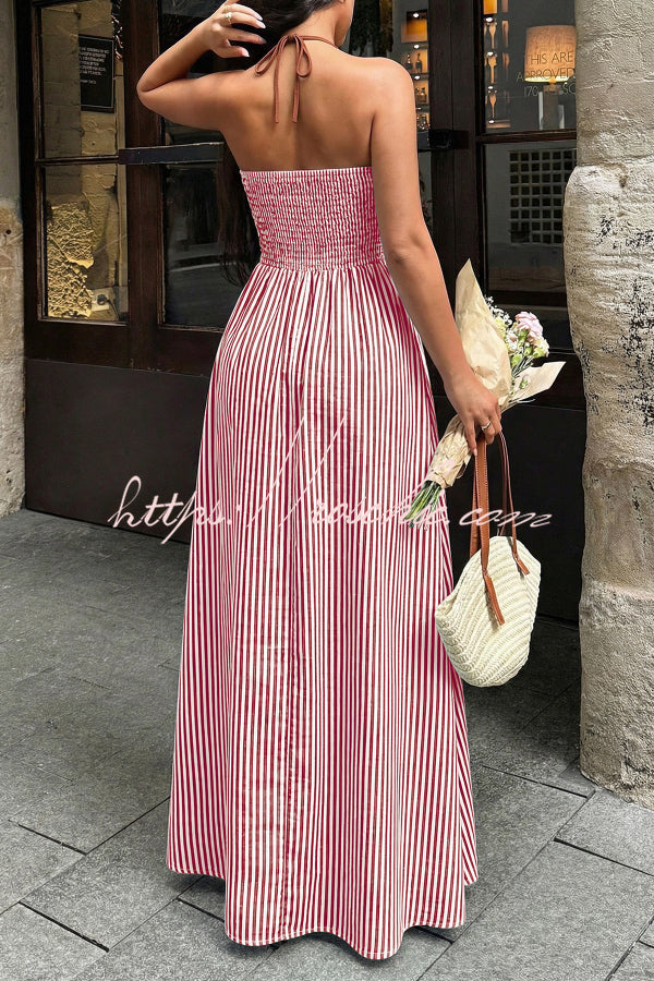 Robe longue rayée, col en V, sans manches, dos nu – Vacances