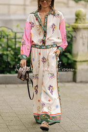 Linen Blend Printed Loose Blouse and Pants Set with Pockets