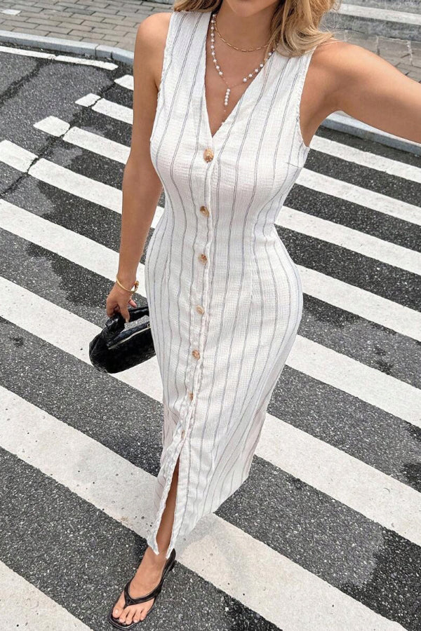 Striped V-Neck Sleeveless Maxi Dress – Slim Fit Vacation