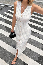 Striped V-Neck Sleeveless Maxi Dress – Slim Fit Vacation
