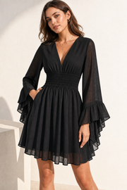 Gothic V-Neck Mini Dress - Long Sleeve Belted Fitted Dress