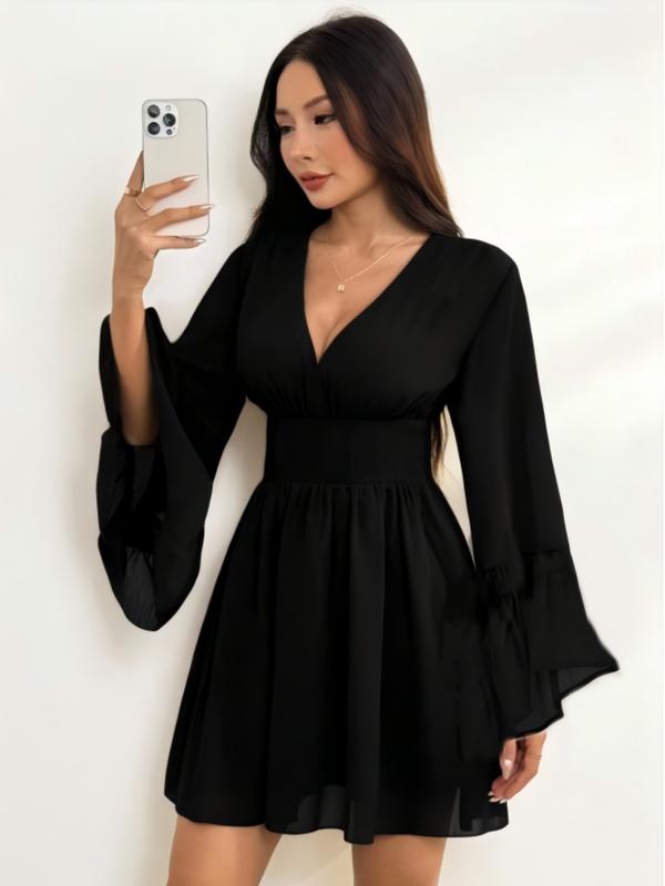 Gothic V-Neck Mini Dress - Long Sleeve Belted Fitted Dress