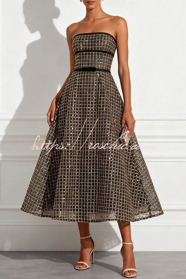 Sequin & Plaid Patchwork Strapless Midi Dress