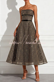 Sequin & Plaid Patchwork Strapless Midi Dress