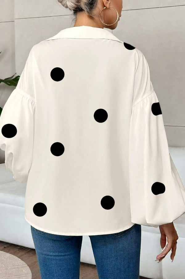 Polka Dot Puff Sleeve Collared Loose Blouse
