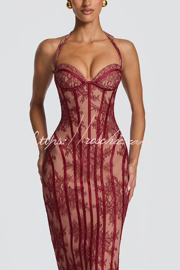 Floral Lace Halter Midi Dress with Lace-Up Open Back