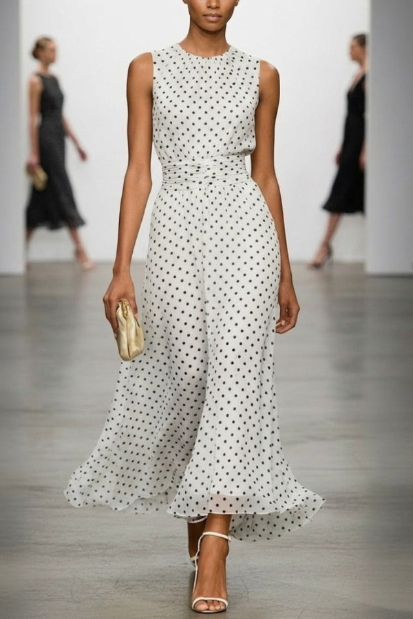 Polka Dot Sleeveless Pleated Maxi Dress for Vacation