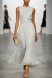 Polka Dot Sleeveless Pleated Maxi Dress for Vacation