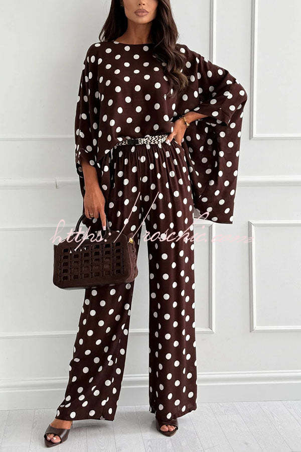 Linen Blend Polka Dot Batwing Top & Pants Set