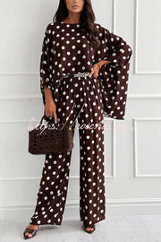Linen Blend Polka Dot Batwing Top & Pants Set