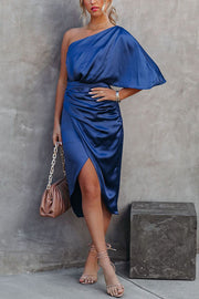 One Shoulder Satin Midi Dress for Parties