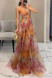 Floral Print Tulle Cutout Waist Lace-Up Maxi Dress