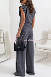 Ruched Shoulder Wide Leg Pants Set with Pockets