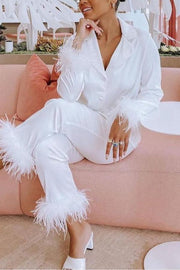 Feather Trim Lapel Two-Piece Pant Suit | Solid Color