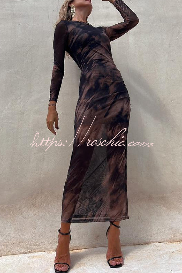 Mesh Overlay Tie Dye Long Sleeve Ruched Midi Dress