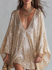 Champagne Sequin Boho Mini Dress with Deep V-Neckline
