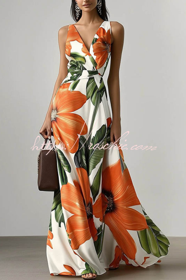 Floral Print Maxi Dress | V-Neck Sleeveless Vacation Dress