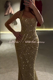Sequin Halter Maxi Dress with Ruched Waist & Lace-Up Back