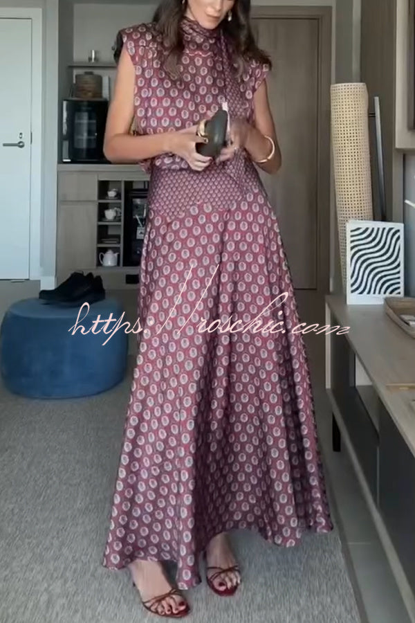 Satin High Neck Short Sleeve Top and High Rise Maxi Skirt Set