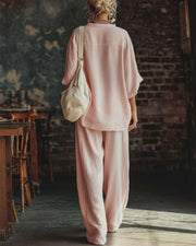 V-Neck Cotton Blouse and Wide-Leg Pants Set – Bohemian