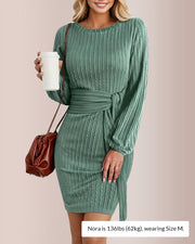 Knit Bodycon Dress with Lantern Sleeves & Ruching