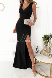V-Neck Ruched Slit Maxi Dress for Parties