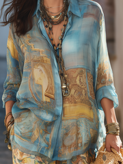 Blue Baroque Print Long Sleeve Blouse | Resort Vacation Shirt