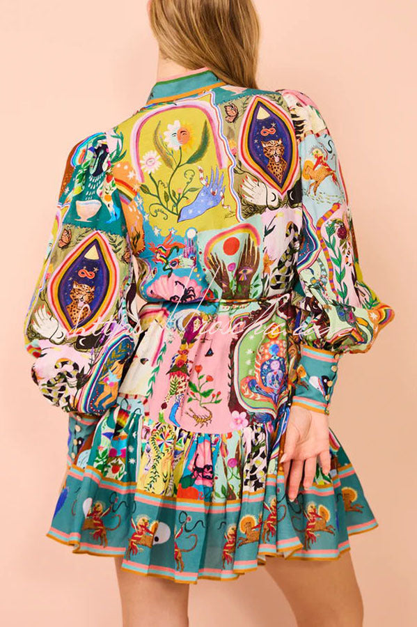 Printed Balloon Sleeve Button Mini Dress – Loose Fit