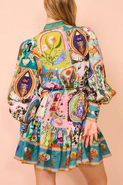 Printed Balloon Sleeve Button Mini Dress – Loose Fit